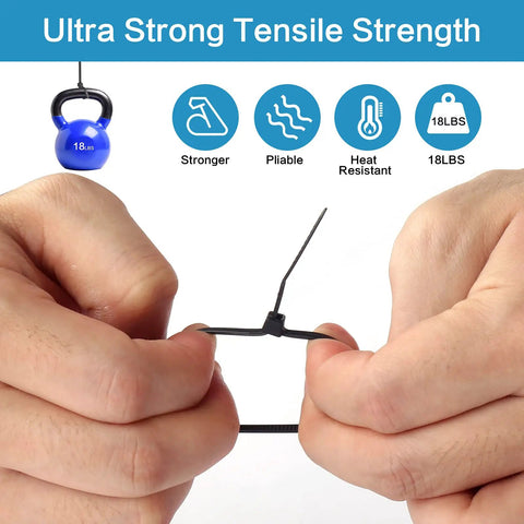 Heavy Duty Nylon Zip Ties 6 Inch Self Locking 1000 Count Black For Indoor Outdoor Wiring And Organization 18 Lbs Tensile Strength Temperature Resistant Minus Forty To One Hundred Eighty Five Fahrenheit being pulled with 18 lbs weight symbol.