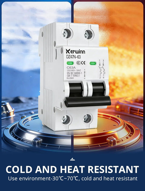 Cold and heat resistant Two Pole 32A AC Miniature Circuit Breaker with large visualization window for grid tied solar RV and home circuits.
