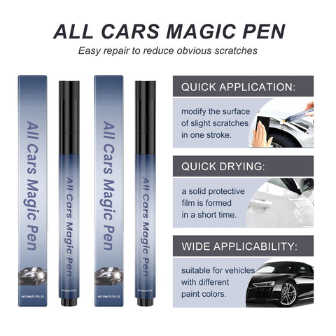 Scratch Removal Pen 2 Pack shown with instructions on application, drying, and applicability for car paint scratch repair.