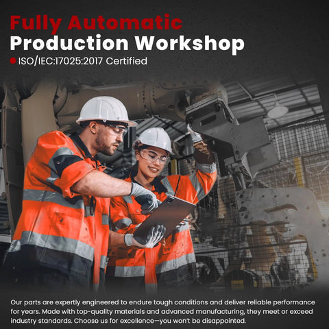 Two workers inspecting machinery in an ISO certified production workshop, wearing safety gear and reviewing notes.