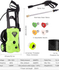 Bright yellow powerful electric pressure washer 2.6 GPM, 1500W high pressure cleaner with hose and 4 adjustable nozzles shown.