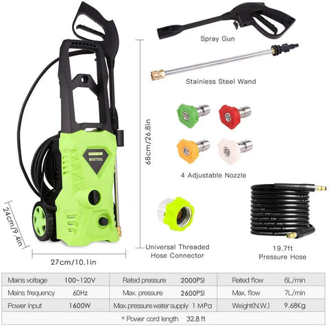 Bright yellow powerful electric pressure washer 2.6 GPM, 1500W high pressure cleaner with hose and 4 adjustable nozzles shown.