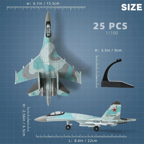 Top and side views of One Hundredth Scale SU-35S Fighter Jet Quick Build Model Kit With Stand. Includes size dimensions.