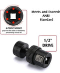 One Half Inch Drive Shallow Impact Universal Joint Swivel Socket Set SAE Seven Sixteenths To One And One Quarter Inch Flexible Wobble Chrome Molybdenum Steel Fourteen Piece Set For Tight Spaces And Easy No Slip Access individual socket featuring 6-point design and black phosphate finish.