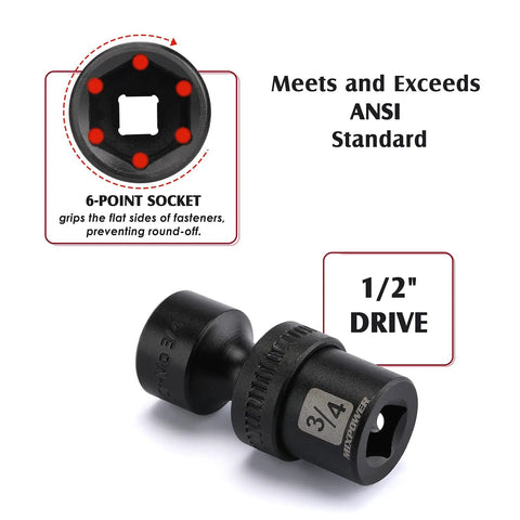 One Half Inch Drive Shallow Impact Universal Joint Swivel Socket Set SAE Seven Sixteenths To One And One Quarter Inch Flexible Wobble Chrome Molybdenum Steel Fourteen Piece Set For Tight Spaces And Easy No Slip Access individual socket featuring 6-point design and black phosphate finish.