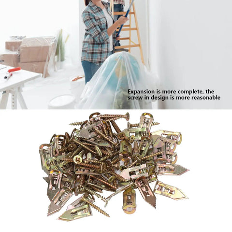 Close-up of 40 Pack Heavy Duty Drywall Anchors With Screws Kit Self Drilling Knock Type scattered on a surface.