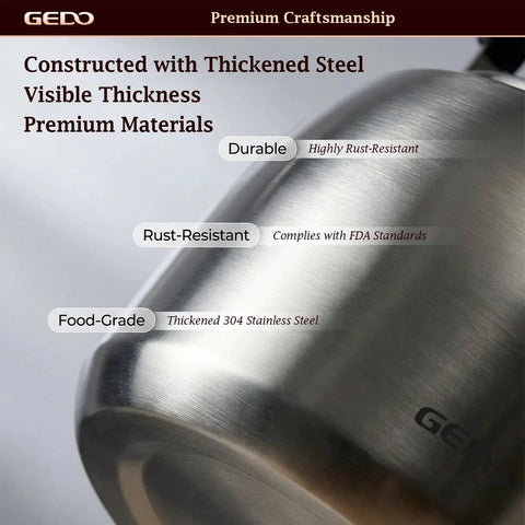 Close-up of Stainless Steel Whistling Tea Kettle For Gas And Induction Stovetops, 304 Food Grade, Large 4L Capacity, thick-walled design.