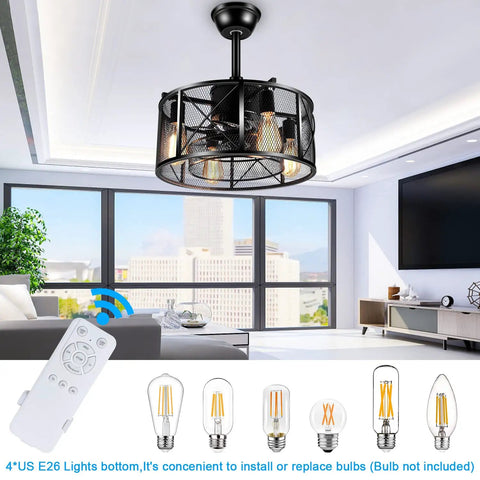18 Inch Caged Ceiling Fan With Light And Remote Dope Industrial Farmhouse Style Modern Flush Mount in living room