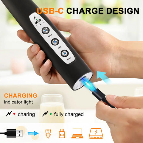 Rechargeable USB Milk Frother Wand With Three Heads And Three Speeds For Lattes Cappuccinos Hot Chocolate And Egg Mixing Portable Handheld Electric Whisk For Home Barista Use Eco Friendly USB Charging being charged