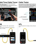 Rechargeable Network Cable Tester With Tone Generator And Probe All In One 4 Inch IPS Touchscreen Built In DMM Optical Power Meter VFL PoE Test And Continuity Checker LT 600M showing various functions