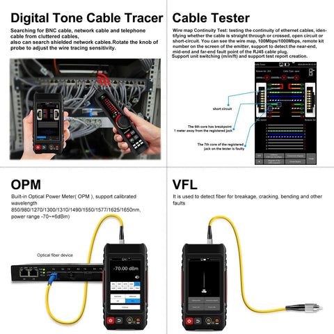 Rechargeable Network Cable Tester With Tone Generator And Probe All In One 4 Inch IPS Touchscreen Built In DMM Optical Power Meter VFL PoE Test And Continuity Checker LT 600M showing various functions