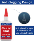 30G Shoe Glue Instant Bond Works Like A Charm For Shoes And Soles, Boot Repair Clear Waterproof Adhesive For Rubber And Leather Bonding, Fast Dry In 10-30 Seconds, High Strength, Anti Clog Cap, Transparent Finish bottle with anti-clog cap design.