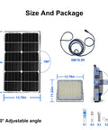 Diagram showing size and package for Two Pack 300W Solar Flood Lights Outdoor Security Lamps With 24,000 Lumens LED, IP67 Waterproof.