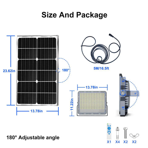 Diagram showing size and package for Two Pack 300W Solar Flood Lights Outdoor Security Lamps With 24,000 Lumens LED, IP67 Waterproof.