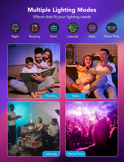 Govee Smart Recessed Lighting 4 Inch, LED Downlight 800 Lumen, 8 Pack showcasing multiple modes for Reading, Relax, Leisurely, and Dance Party.