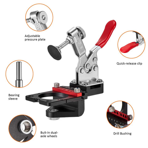 35mm Cabinet Door Concealed Hinge Jig With Quick Clamps And Snap-On Ruler detailing adjustable pressure plate and quick-release clip.