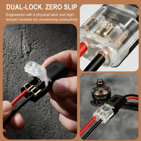 Eighty Piece No Strip Solderless Wire Connectors Rapid Push In Terminal Block showcasing dual pin design and clear clamps for secure connections.