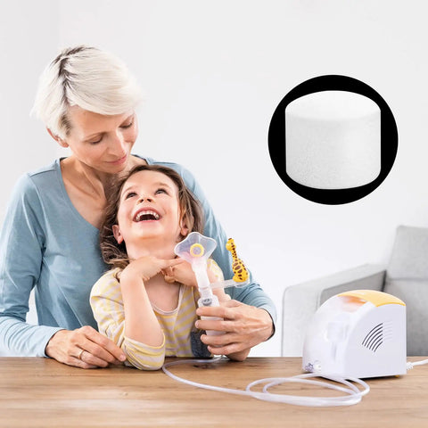 Woman using nebulizer with child, Replacement Nebulizer Filter Sponge For Clear Airflow In Your Nebulizer System Pack Of 48