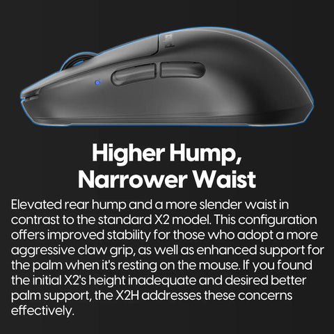 Premium Lightweight Wireless Gaming Mouse Built Tough With PaW3395 Chipset dimensions showing higher hump and narrower waist design.