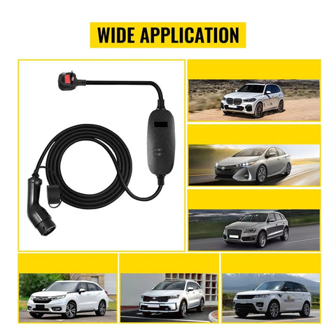 Level Up Your Daily Drive With This Heavy Duty Portable EV Charger Type 2 Plug Featuring A Crisp Digital Screen Adjustable 10 To 32 Amps Fast Fuel Universal Electric Vehicle Recharge Adapter, shown with various cars.