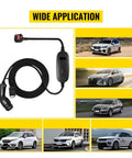 Portable Type 2 Electric Vehicle Charger With Bright Digital Monitor and Seamless 10 Through 32 Amp Configurations, showing charger and vehicles.