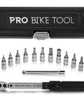 Pro Grade Bike Torque Wrench And Screwdriver Set For Your Ride Maintenance One Quarter Inch Drive Two Point Two To Sixteen Point Nine Newton Meters Includes Allen Torx Extension And Protective Case, shown with multiple bits and case.