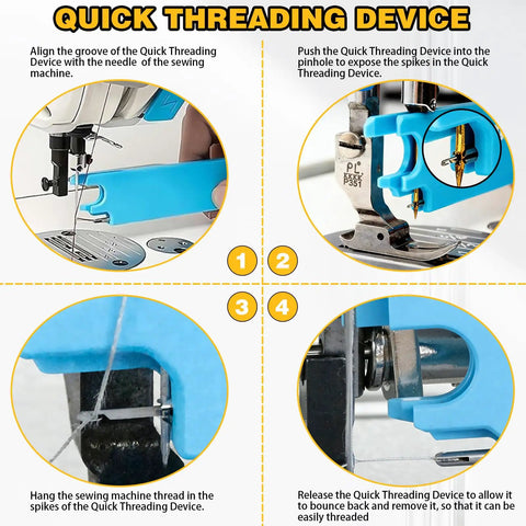Instructions for using 4 In 1 Sewing Machine Needle Threader With Magnetic Tool, close-up images of threading process steps.