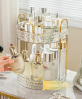 Two Tier Clear Rotating Makeup Organizer Stand Featuring Butter Smooth 360 Spin And Rock Solid Wobble Free Stability For Your Daily Skincare Routine With Reinforced Metal Base And Totally Functional Desktop Setup with beauty products.