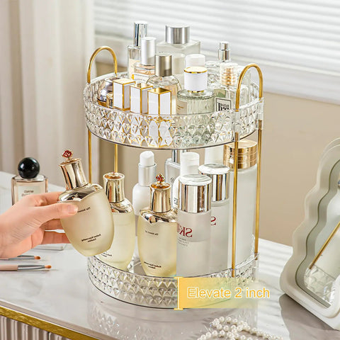 Two Tier Clear Rotating Makeup Organizer Stand Featuring Butter Smooth 360 Spin And Rock Solid Wobble Free Stability For Your Daily Skincare Routine With Reinforced Metal Base And Totally Functional Desktop Setup with beauty products.