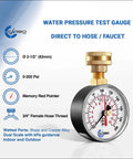 Carbo water pressure test gauge with brass connector, 2-1/2 inch dial, 0-200 psi, 3/4 inch female hose thread