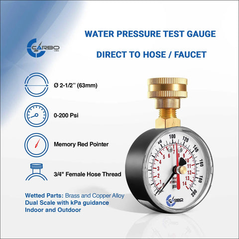 Carbo water pressure test gauge with brass connector, 2-1/2 inch dial, 0-200 psi, 3/4 inch female hose thread