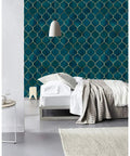 Geometric Trellis Peel And Stick Wallpaper Emerald Sapphire Blue And Bronze Textured Matte Finish Removable in bedroom decor