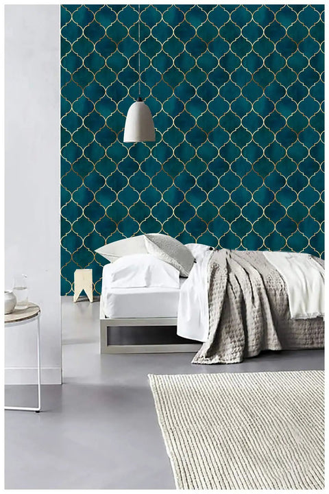 Geometric Trellis Peel And Stick Wallpaper Emerald Sapphire Blue And Bronze Textured Matte Finish Removable in bedroom decor