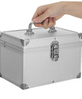 Hand holding Lockable Aluminum Tool Box With Handle Beefed Up Heavy Duty Impact Resistant Double Layer Storage Case With Large Inner Compartment