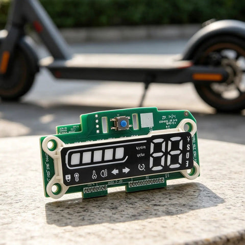 Replacement Control Board For E2 Pro Electric Scooter Upgrade To Restore Display And Throttle, shown on a stone surface.