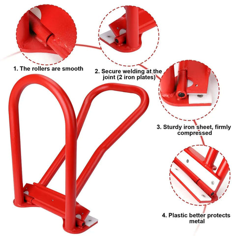 Rugged Heavy-Duty Eaves Seam Locker Tool features smooth rollers, sturdy iron sheet, secure welding, plastic protection, shown in red