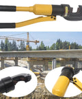 Heavy Duty Hydraulic Rebar Cutter And Crimping Tool With Portable Steel Case, 4 to 16 mm, used on a construction site.