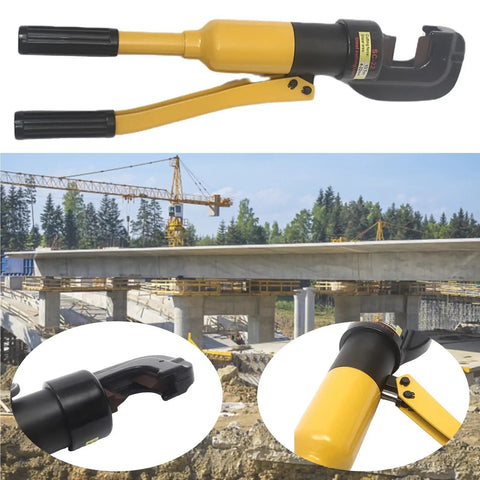 Heavy Duty Hydraulic Rebar Cutter And Crimping Tool With Portable Steel Case, 4 to 16 mm, used on a construction site.