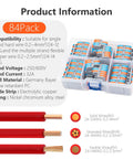 84 Piece Lever Wire Connector Kit 2 In 2 Out Quick Connect Assortment product information display with connectors and wire types