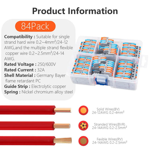 84 Piece Lever Wire Connector Kit 2 In 2 Out Quick Connect Assortment product information display with connectors and wire types