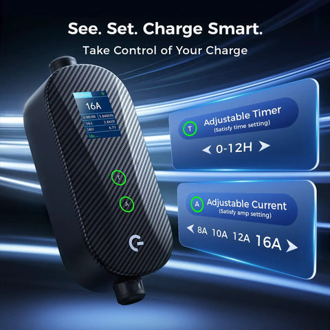 Portable J1772 EV Charger For All J1772 EVs And PHEVs Level 1 And 2 With 8-16A Adjustable Current Timer Smart Display