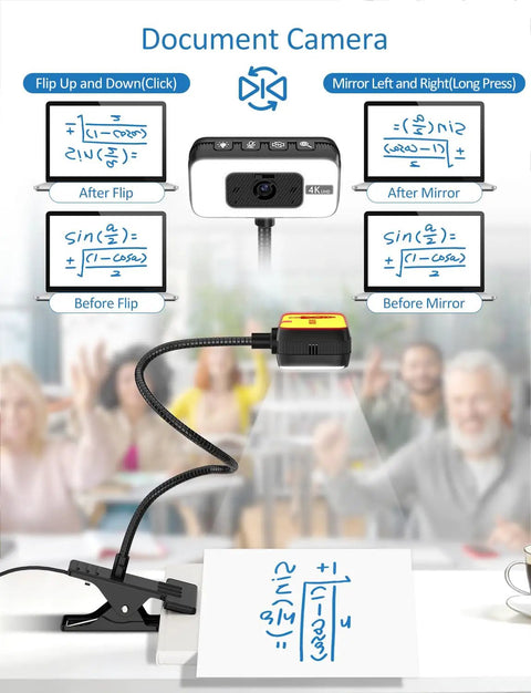 Super Sharp 4K Streaming Webcam With Auto Focus And Soft Key Light For Pc Laptop Desk Setup showing document camera setup for presentations.