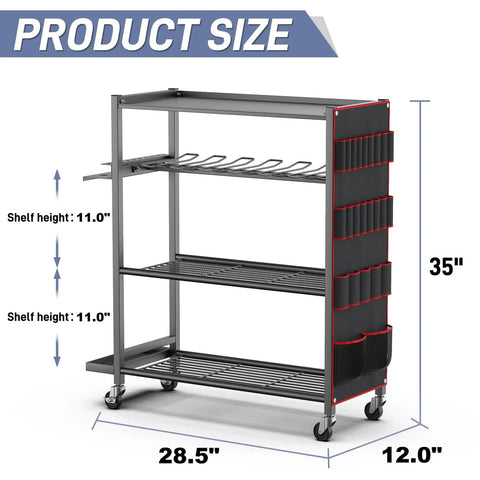 Rolling Power Tool Storage Cart For Garage And Shop, 4-Tier Drill Organizer With Slots For 12 Drills, showing measurements.