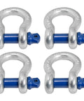 Four galvanized shackles with blue pins, "Heavy Duty Three Quarter Inch D Ring Shackle With Seven Eighths Inch Screw Pin Pack Of Four Galvanized Blue Finish".