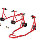 Beefy Heavy Duty Motorcycle Paddock Stands For Front And Rear Wheel Lift 882 Lbs Capacity UL Adjustable Swingarm Spool Durable Steel Frame Fits BMW Suzuki Yamaha Honda Kawasaki Red, shown from front angle