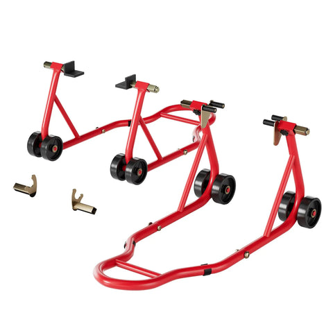 Beefy Heavy Duty Motorcycle Paddock Stands For Front And Rear Wheel Lift 882 Lbs Capacity UL Adjustable Swingarm Spool Durable Steel Frame Fits BMW Suzuki Yamaha Honda Kawasaki Red, shown from front angle