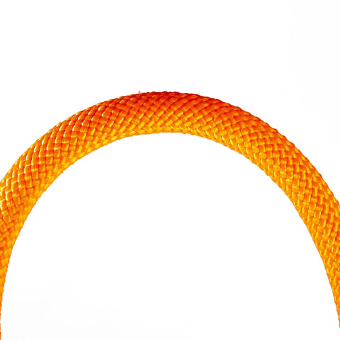 Close-up of orange braided nylon segment of Half Inch Steel Core Flipline Kit For Tree Climbing Eight Foot Adjustable Lanyard