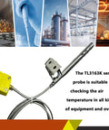 TL3163K k-type thermocouple air probe with stainless steel braided lead and open-hole clip, side view.