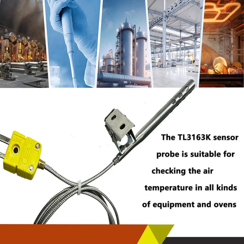 TL3163K k-type thermocouple air probe with stainless steel braided lead and open-hole clip, side view.
