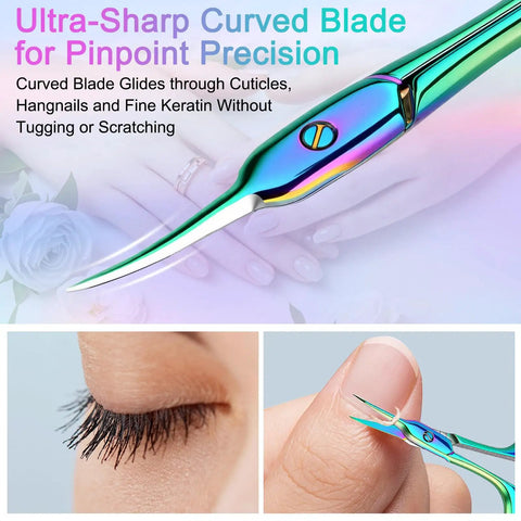 Curved Cuticle Scissors With Extra Fine Tip For Precise Nail Care Clean Snips Of Cuticles And Hangnails Rust Resistant 304 Stainless Steel Manicure Pedicure Tool For Salon Or Home Grooming, rainbow curved tip close-up